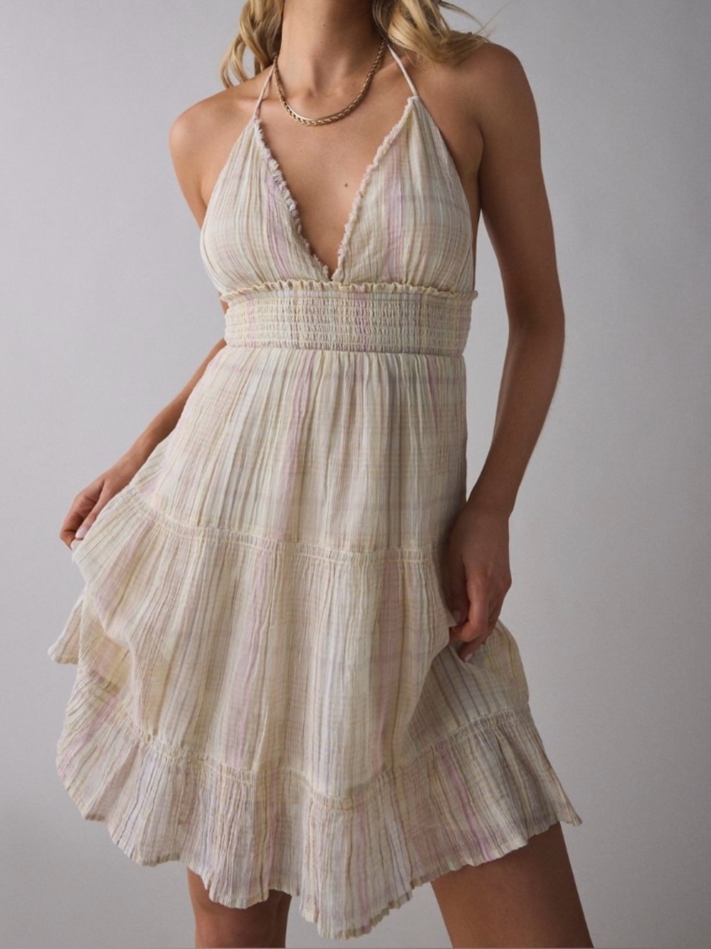 Kimchi Blue Cotton Ruffle Open-Back Halter V-Neck Knee Length Dress Size Medium